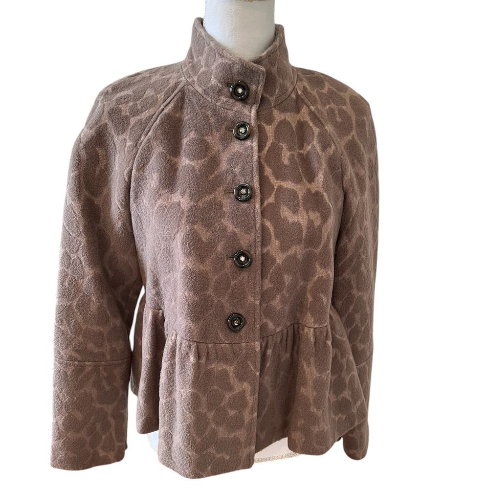 Rebecca Taylor Animal Print Short Peplum Swing Coat Taupe